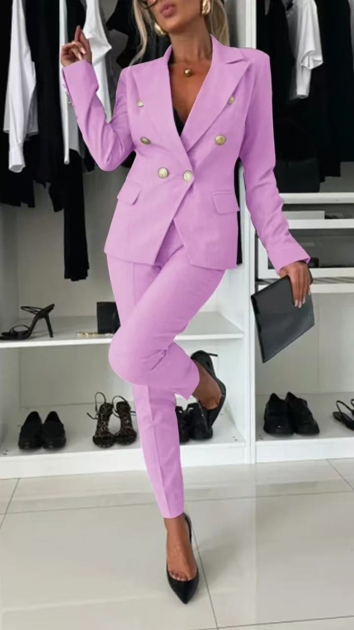 Professional women's tailored lapel suit set, blazer & trousers, for a sophisticated and elegant workwear style.