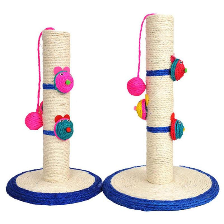 Modern design unisex cat scratching post with natural sisal & colorful dangling toys. Supports feline health & active play.