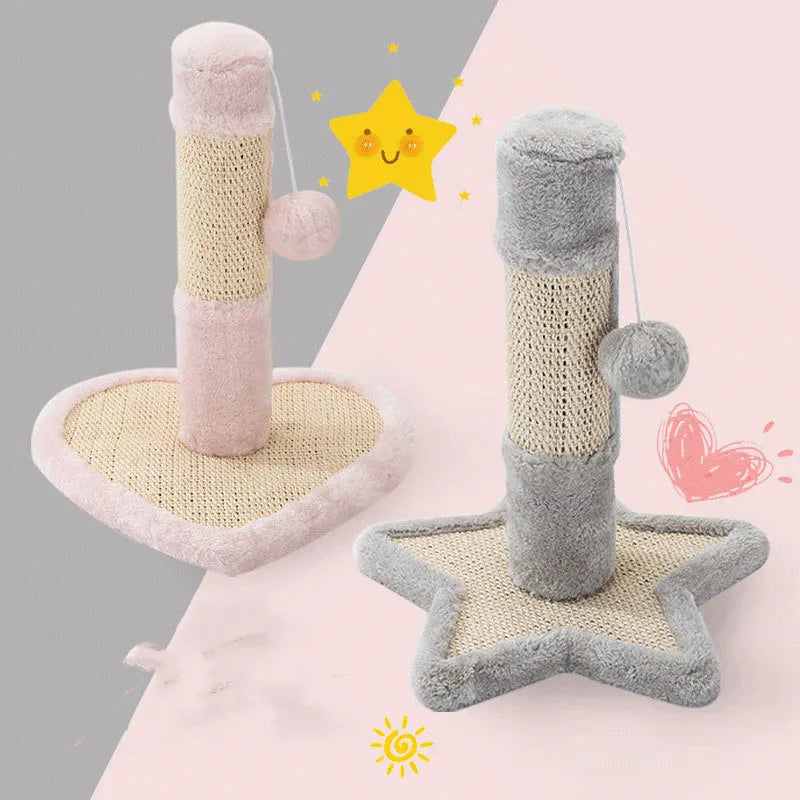 Cat scratching post with interactive toy. Sisal pet scratcher in heart & star designs for claw care.