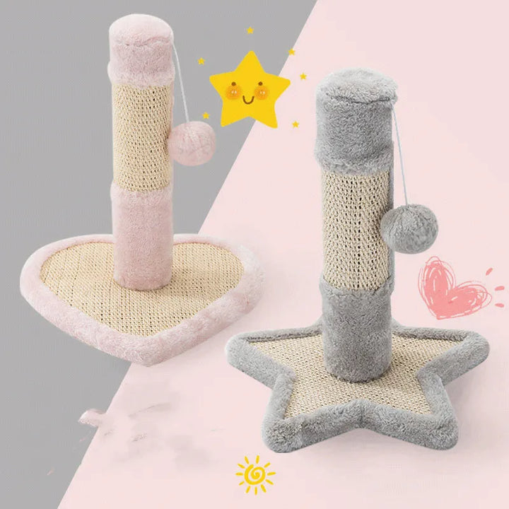 Cat scratching post with interactive toy. Sisal pet scratcher in heart & star designs for claw care.