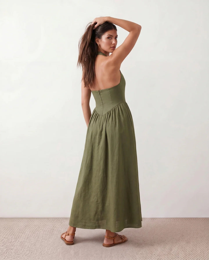 Beatrix women's corset halter bandage A-line maxi dress. Modern evening gown, ideal for formal parties.
