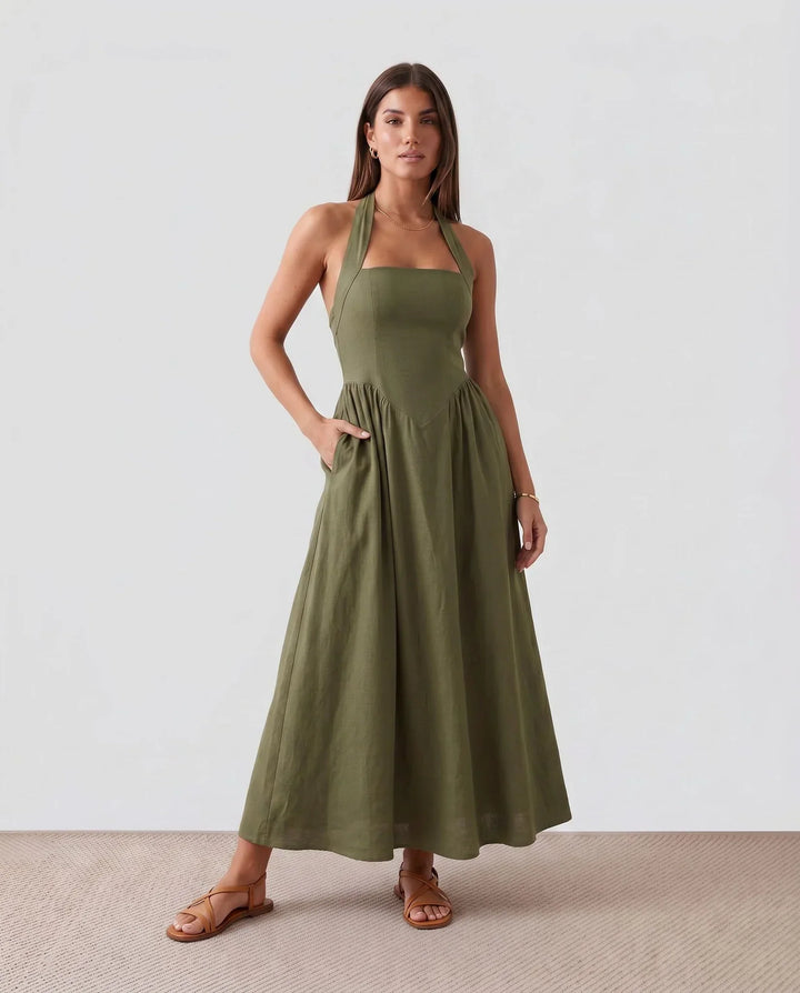Chic Beatrix women's halter A-line maxi dress. Elegant formal gown for evening events, wedding guest attire.