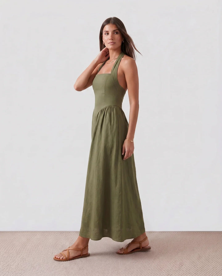 Figure-flattering Beatrix bandage A-line maxi dress. Women's sculpting halter evening gown, perfect formal wear.