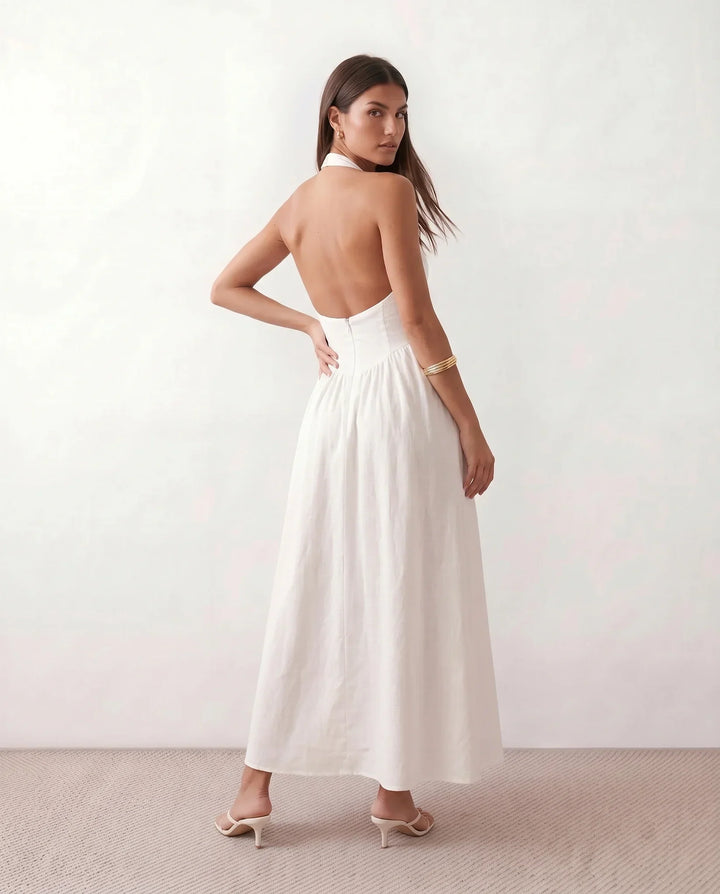 Sculpting Beatrix bandage maxi dress for women. Halter A-line evening gown designed for an elegant silhouette.