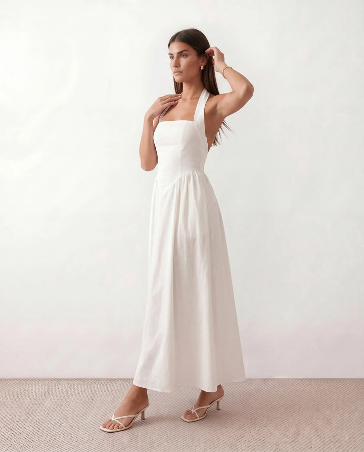 Flowing A-line maxi evening dress for women, Beatrix style. Long formal gown, perfect for wedding guests.