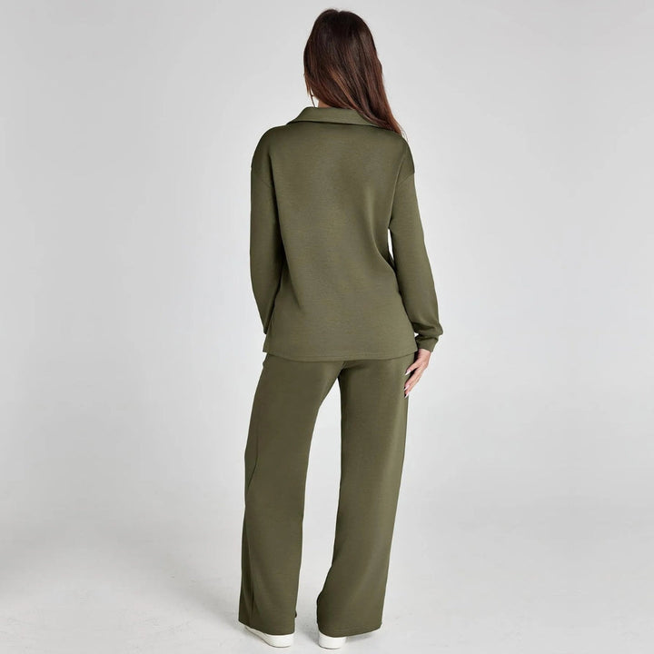 Women's casual V-neck two-piece set: long sleeve top and wide leg trousers. Ultimate comfort.