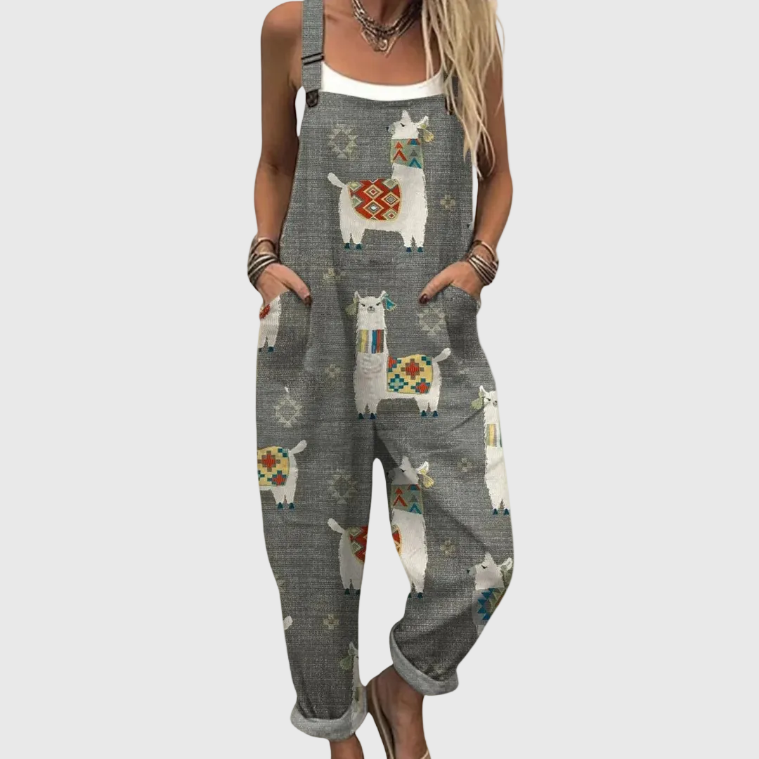 Women's effortless printed wide leg jumpsuit with adjustable straps, ideal for comfortable casual summer wear.