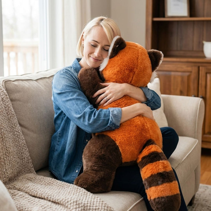 Raccoon plush long cuddle toy, relaxation gift for all ages.