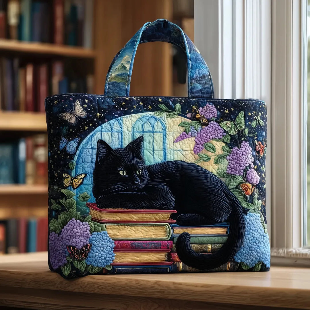 Women's whimsical black cat book lover's tote bag; perfect library or everyday carry gift for cat lovers.