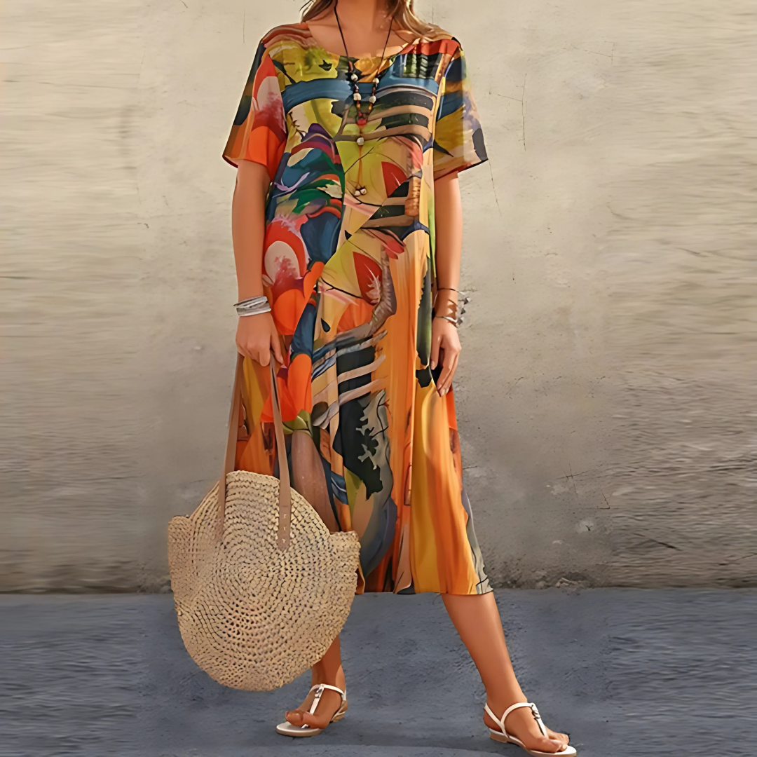 Stylish women's midi dress with a vibrant abstract pattern. Perfect for casual or elegant summer occasions.