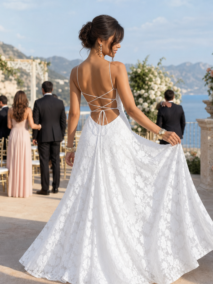 Sophisticated women's spaghetti strap full lace maxi dress, an elegant choice for any formal occasion.