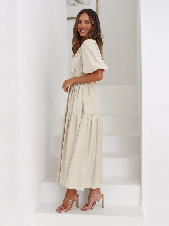 Women's formal V-neck smocked midi cocktail dress, a stunning choice for evening events & parties.
