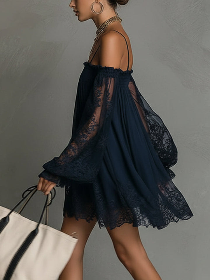 Stunning navy blue off-shoulder lace A-line dress for women. Ideal elegant evening party or formal event attire.