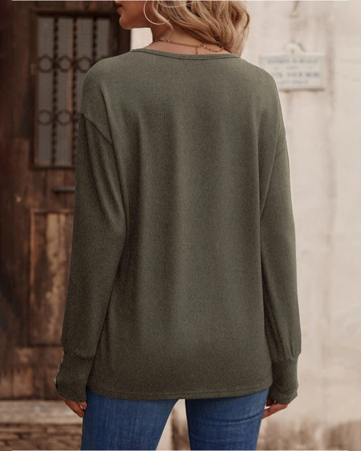 Modern women's solid V-neck long sleeve blouse, featuring front button details for everyday style.