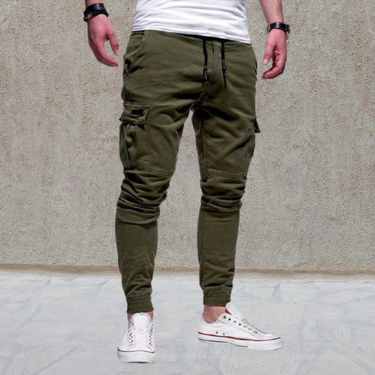 Men's versatile cargo pants with multiple utility flap pockets for everyday casual wear.