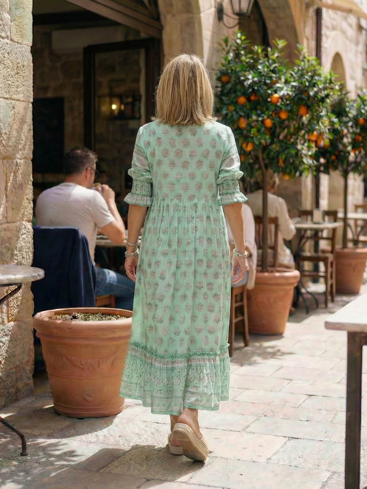 Button-front floral V-neck midi dress for women. Comfortable, versatile, and stylish for everyday spring wear.