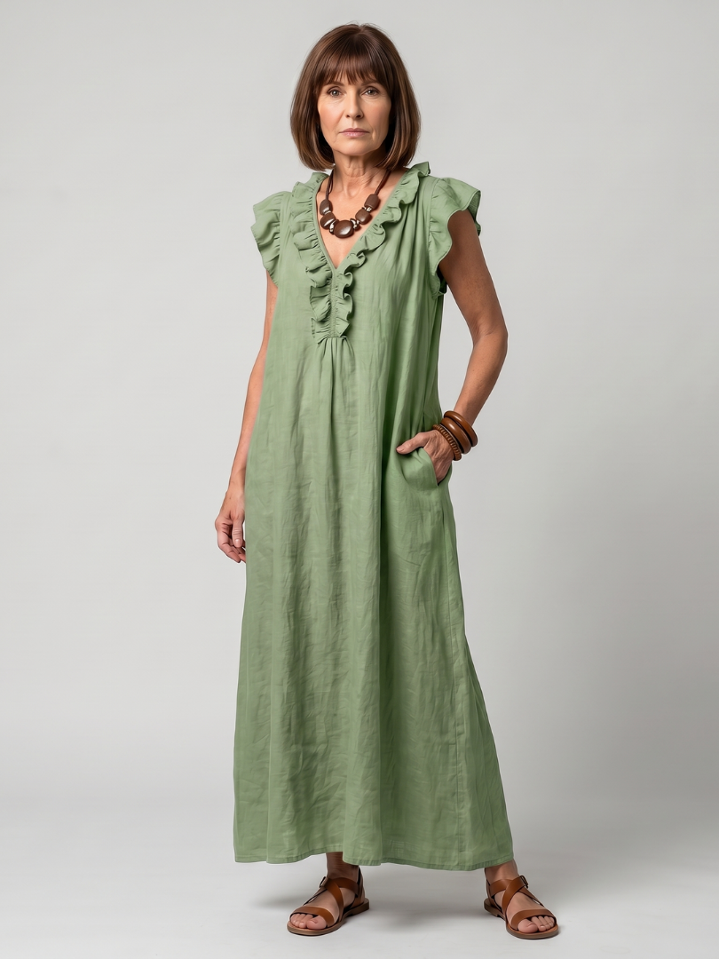 Soft, flowing women's sleeveless midi dress, ruffle trim, perfect comfortable summer fashion.