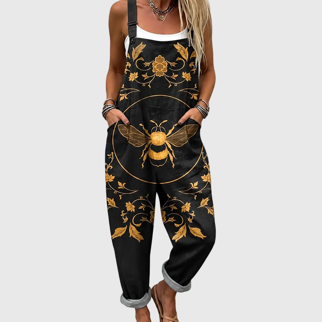 Women's elegant golden bee decorative overalls jumpsuit, perfect for unique spring/summer casual wear.
