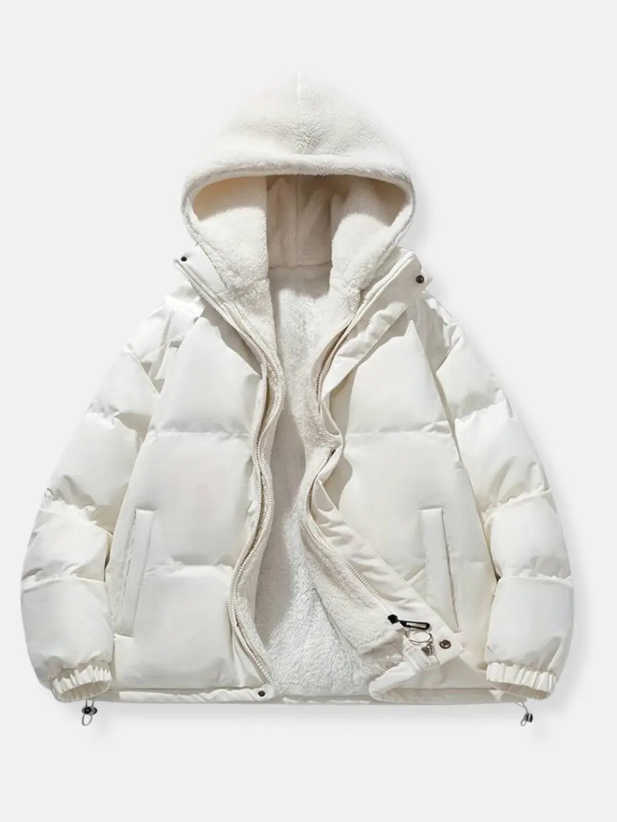 Chic black women's winter coat, a comfortable puffer with a plush hood for everyday elegance.