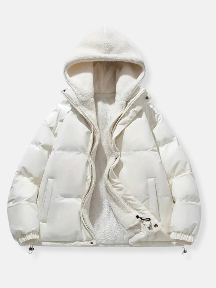 Chic black women's winter coat, a comfortable puffer with a plush hood for everyday elegance.