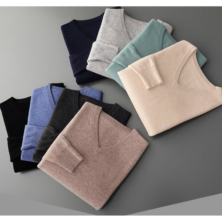 Soft knit men's V-neck sweater, comfortable for fall & winter, a cozy layering piece for menswear.