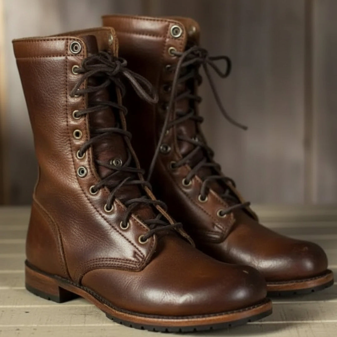 Women's black lace-up mid-calf boots for everyday style, featuring a round toe & low heel.