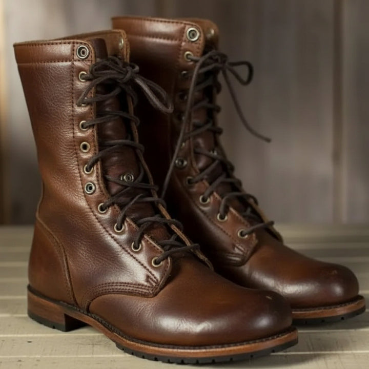 Women's black lace-up mid-calf boots for everyday style, featuring a round toe & low heel.