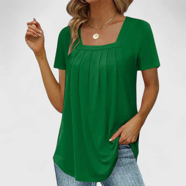 Elegant short-sleeve women's blouse, square neckline & pleated detail. Chic summer top for a refined look.