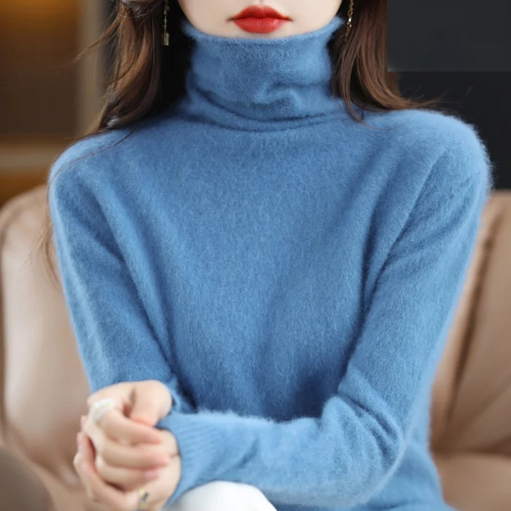 Luxurious women's soft knit turtleneck pullover, an elegant sweater for winter fashion.