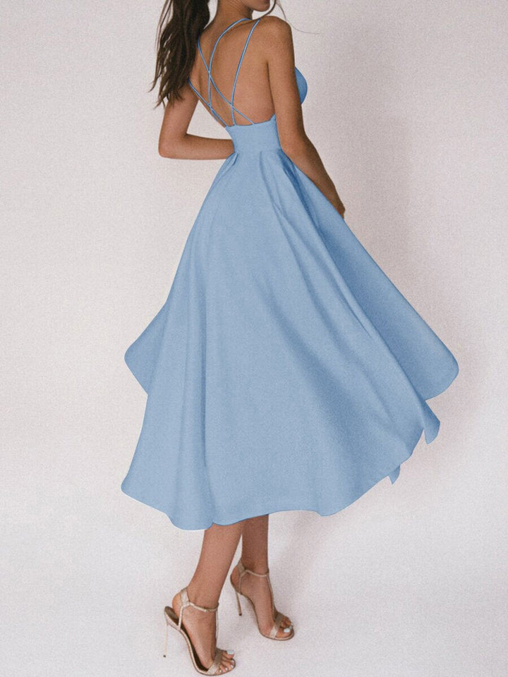 Women's A-line V-neck midi cocktail dress, elegant spaghetti strap design, perfect for special occasions.