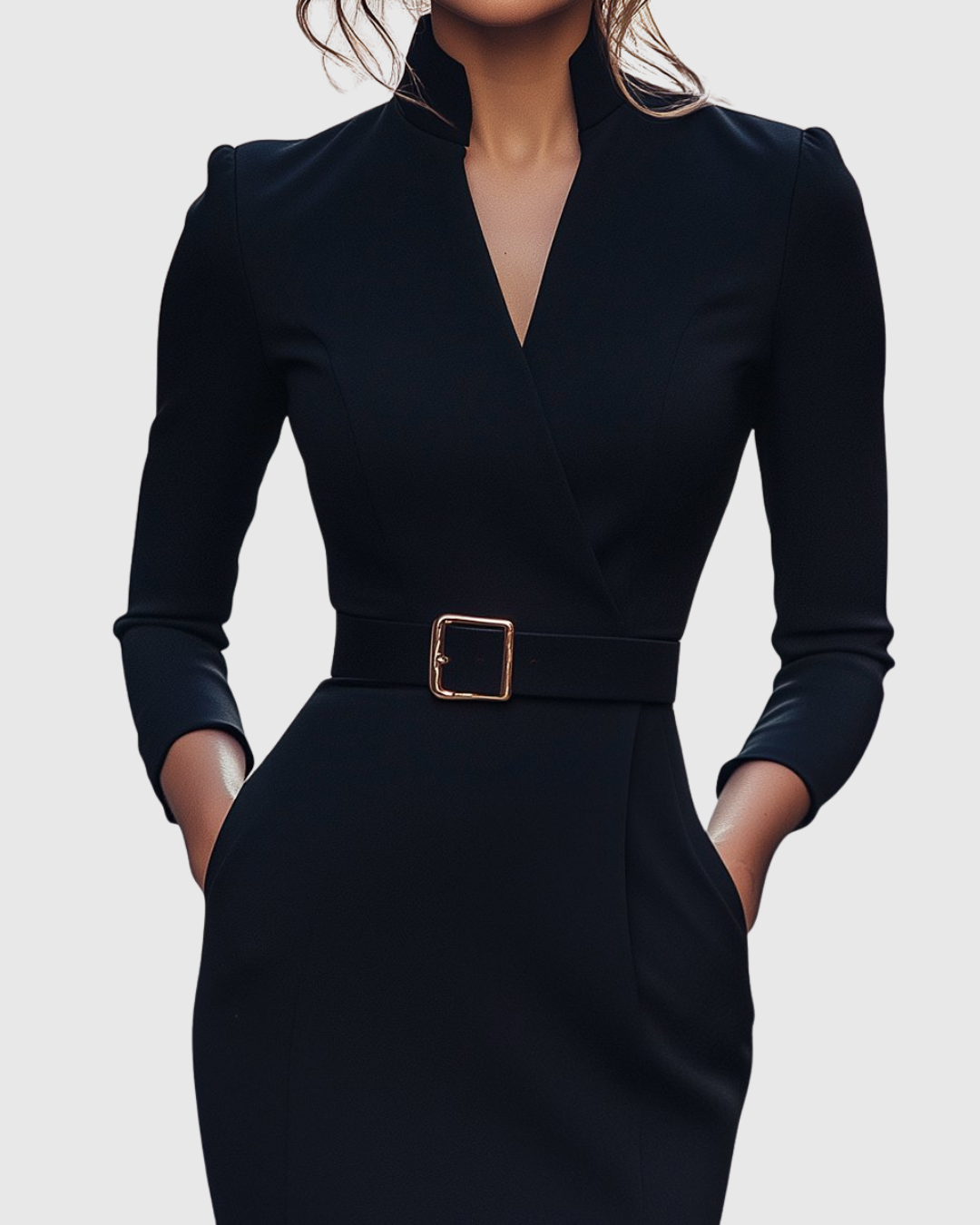 Women's elegant pencil midi dress with three-quarter sleeves and a flattering belted waist.