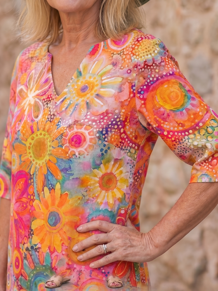 Multicolor floral knee-length casual summer dress for women, with a relaxed V-neck fit.
