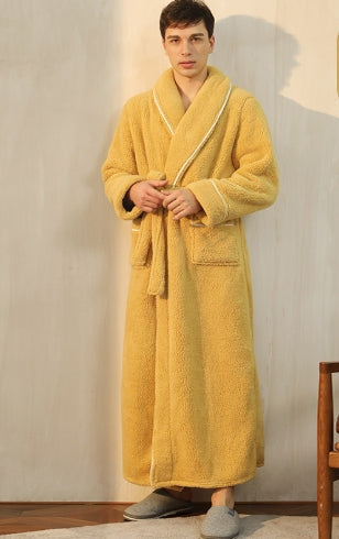 Super soft plush over-knee bathrobe, unisex, for cozy winter mornings & warm home relaxation.
