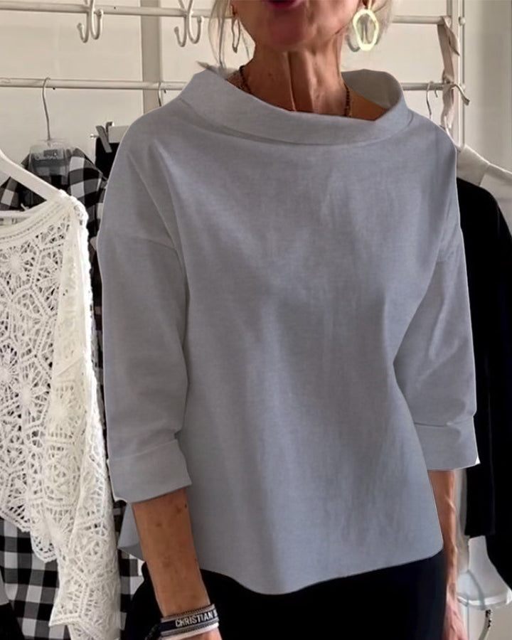 Summer outfit women's 3/4 sleeve collared top, a versatile elegant blouse for everyday fashion.