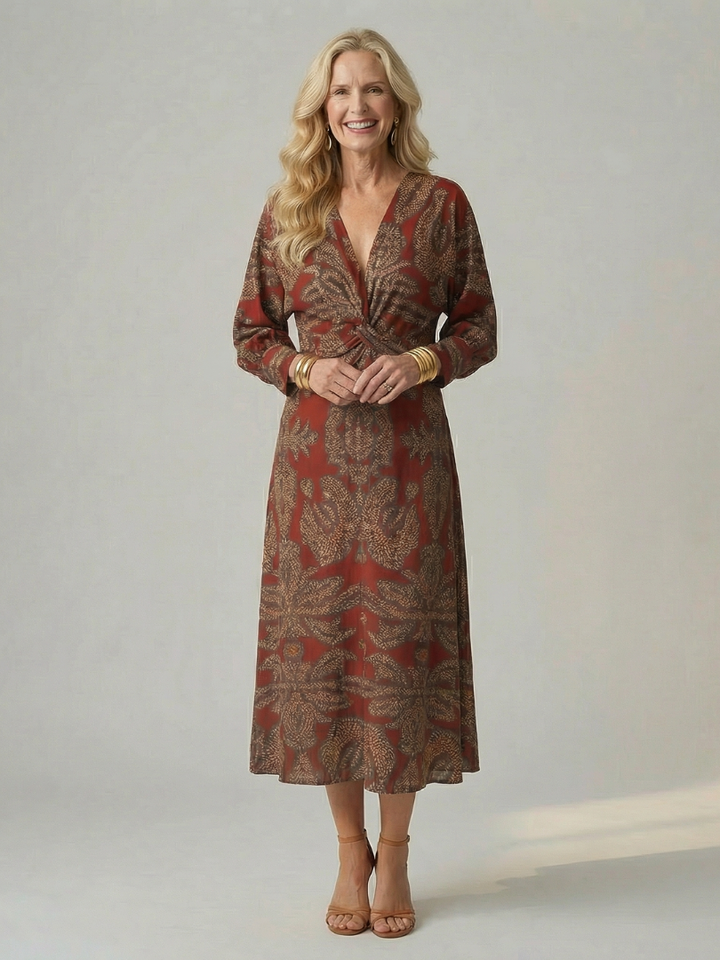 Women's natural fabric long sleeve wrap midi dress, perfect for casual elegance & comfort.