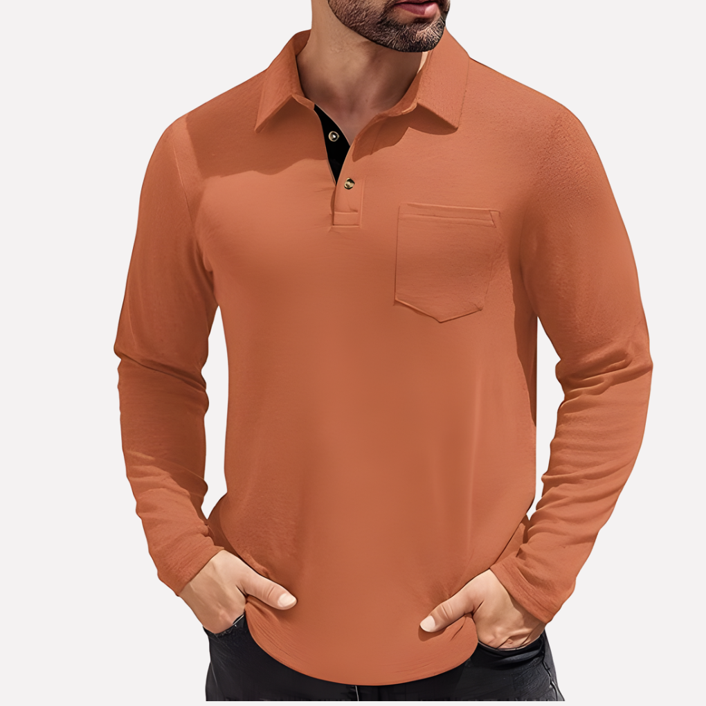 Men's long sleeve casual polo with chest pocket. Classic style for everyday comfort.