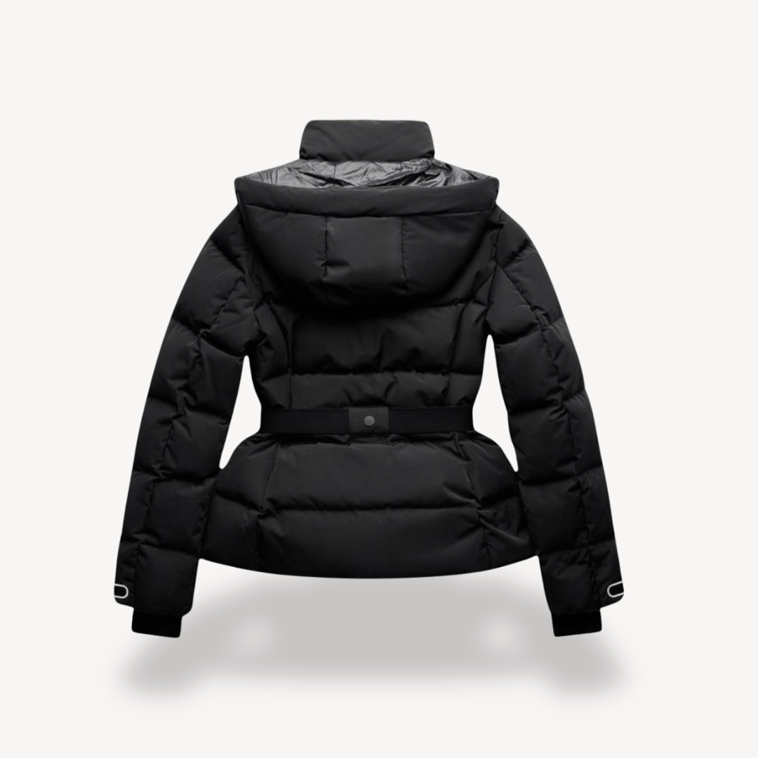 Stylish women's black quilted puffer jacket with belt, perfect warm winter coat for fashion & cold weather.