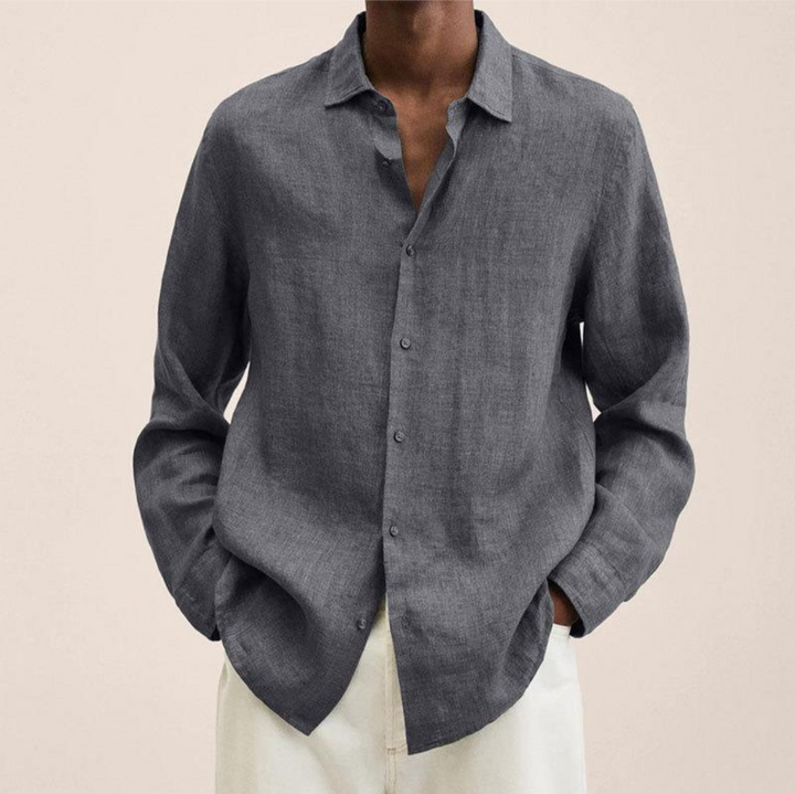 Elegant men's long-sleeve button-up shirt, ideal for smart casual fashion, timeless style.