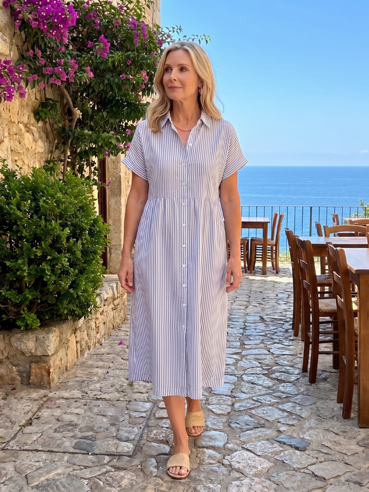 Women's casual striped midi dress, short sleeves, button-front, a must-have for spring and summer wardrobes.