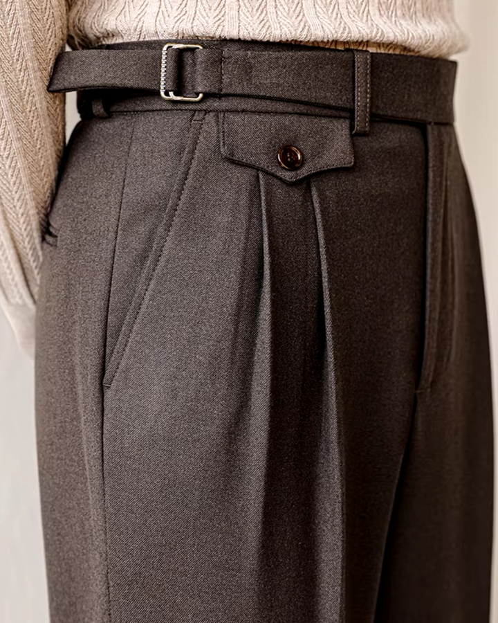 Men's classic pleated trousers with adjustable waist, straight fit. Versatile smart casual dress pants.