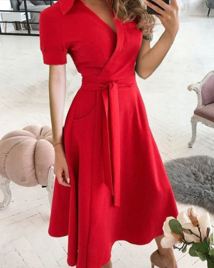 Comfortable & stylish V-neck midi dress for women, ideal for elegant occasion wear and versatile fashion.