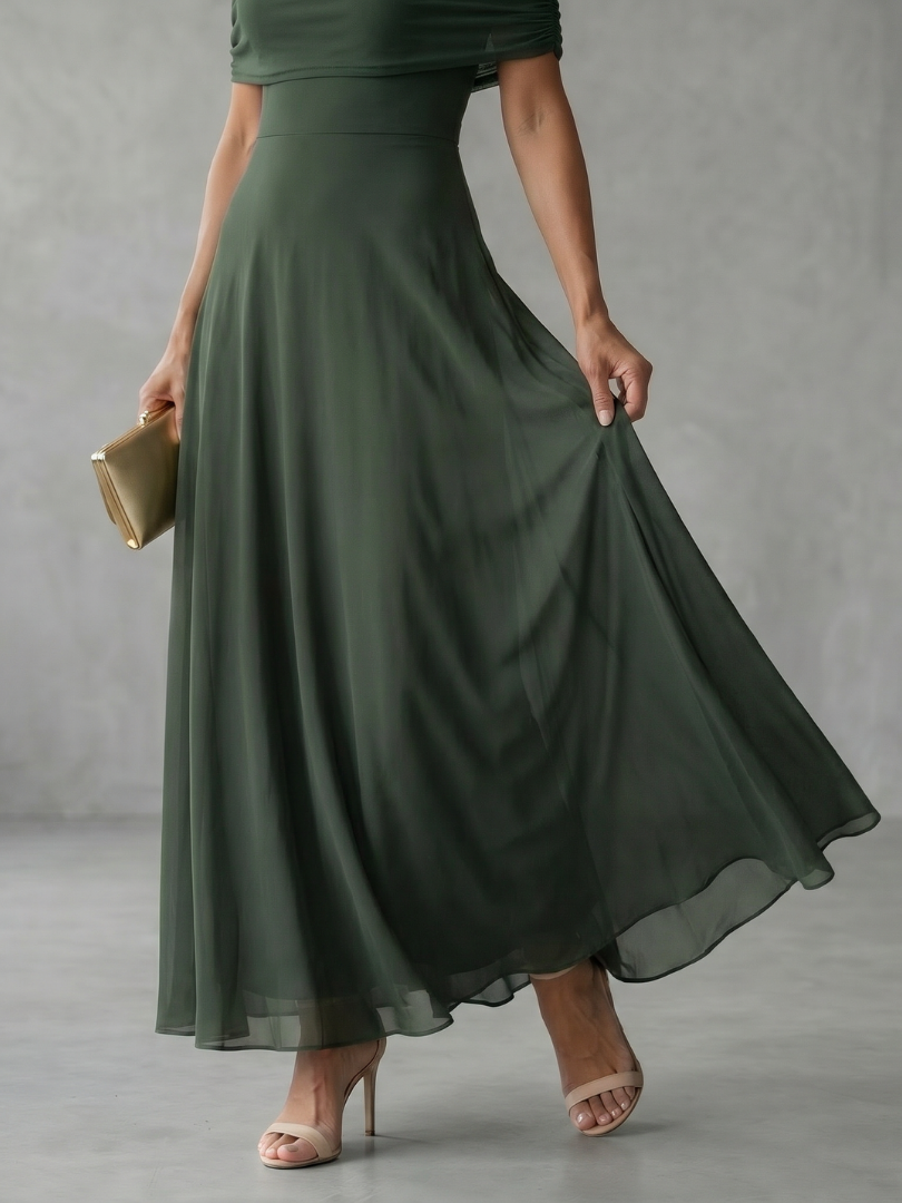 Formal off-shoulder midi dress for women, elegant draped style, ideal for evening & cocktail parties.