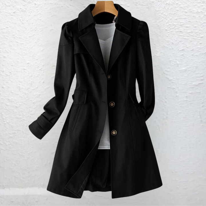 Elegant beige women's vintage trench coat with classic collar. Timeless and sophisticated outerwear for any occasion.