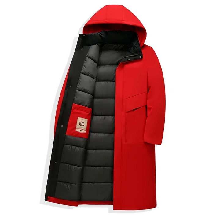 Men's hooded long winter coat with a sleek design, offering ultimate warmth and style for cold weather.
