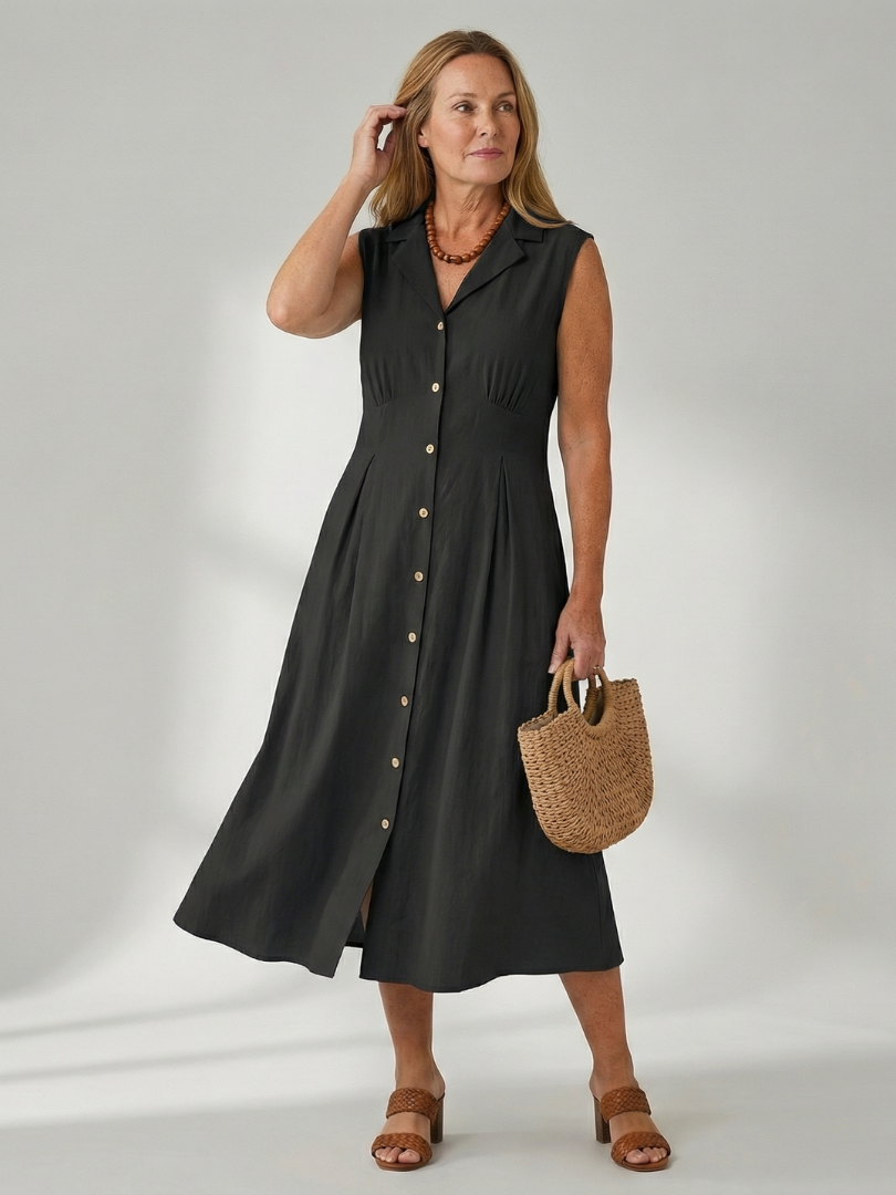 Summer-ready women's midi dress, stack buttons, comfortable and stylish fashion.