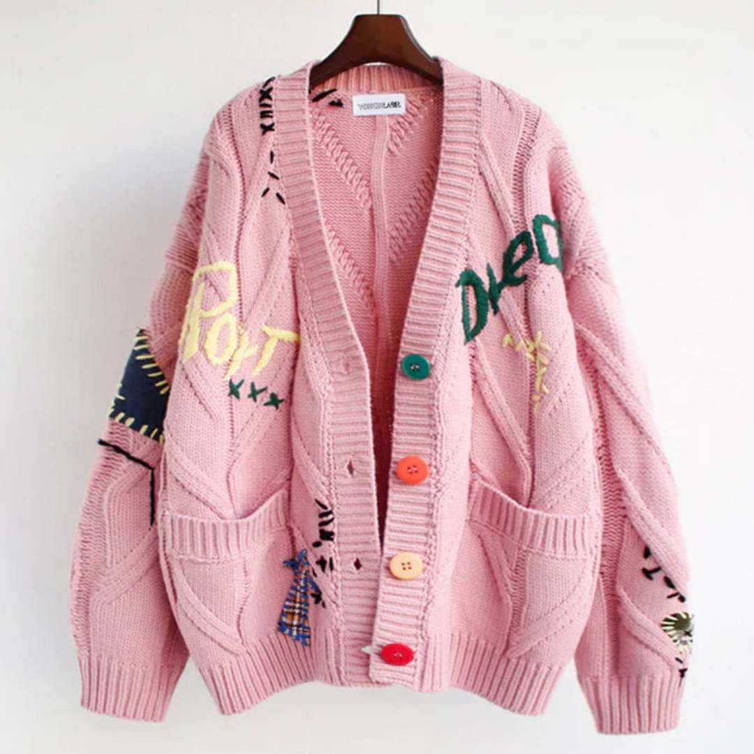 Cozy women's embroidered button-down cardigan. Versatile long sleeve outerwear for casual fall & winter fashion.