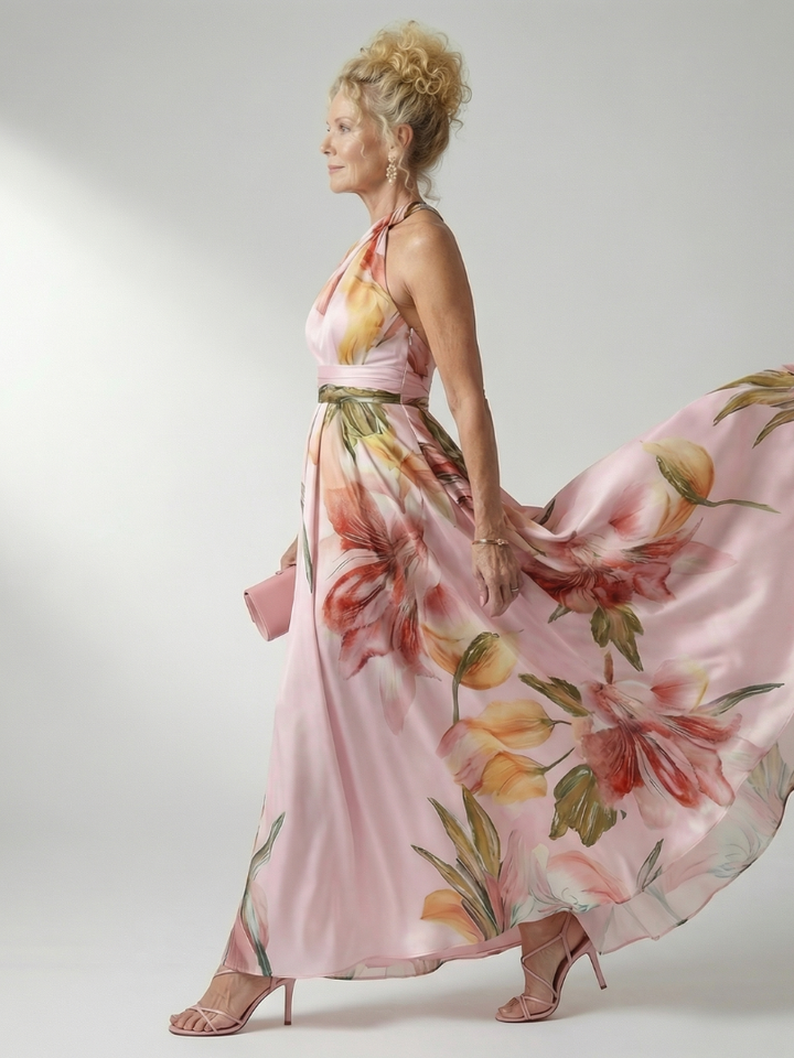 Casual yet elegant floral maxi dress for women with a halter neck. Perfect for summer and spring fashion.