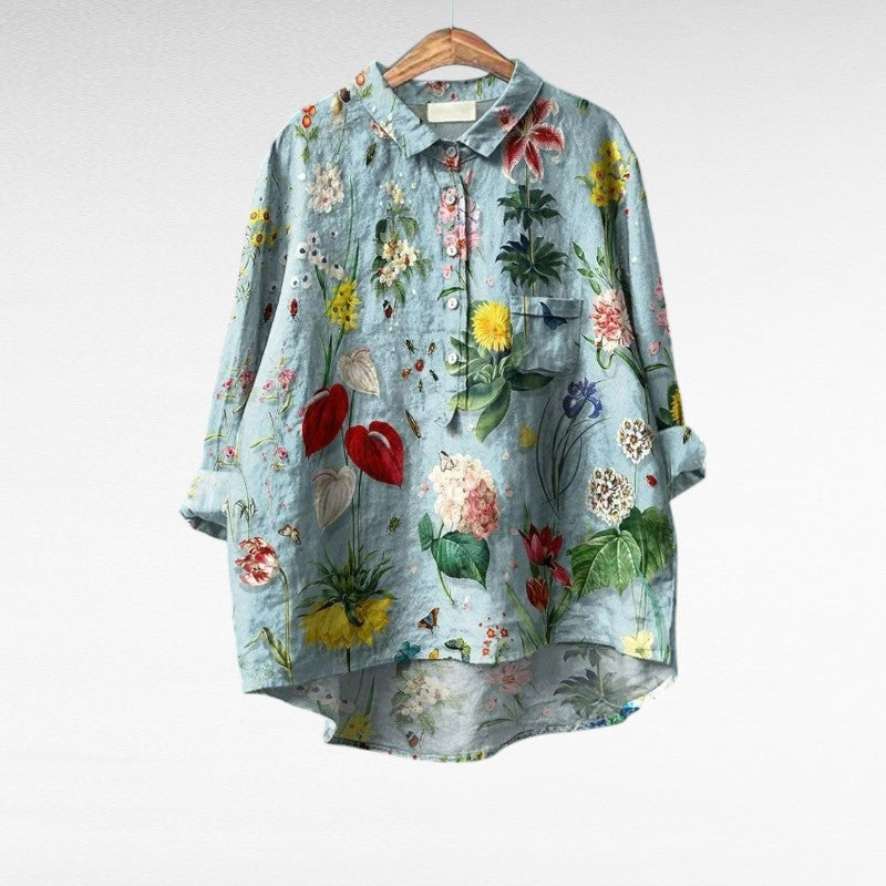 Inara Women's Chic Vintage Summer Blouse in light blue, lightweight & relaxed fit. Elegant for casual or office wear.