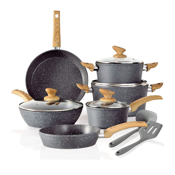 "12-piece granite coated nonstick cookware set with glass lids and ergonomic handles, perfect for versatile kitchen cooking."