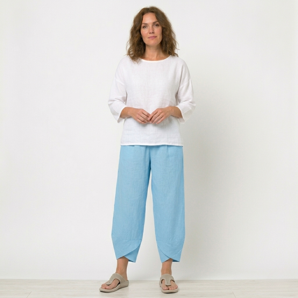 Casual yet chic women's high-waisted pants with a unique tulip hem, ideal for warm weather.